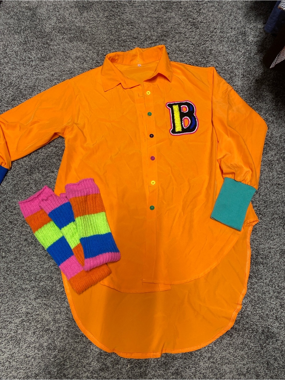 Bright Orange women Button-Up Top with 'B' Patch